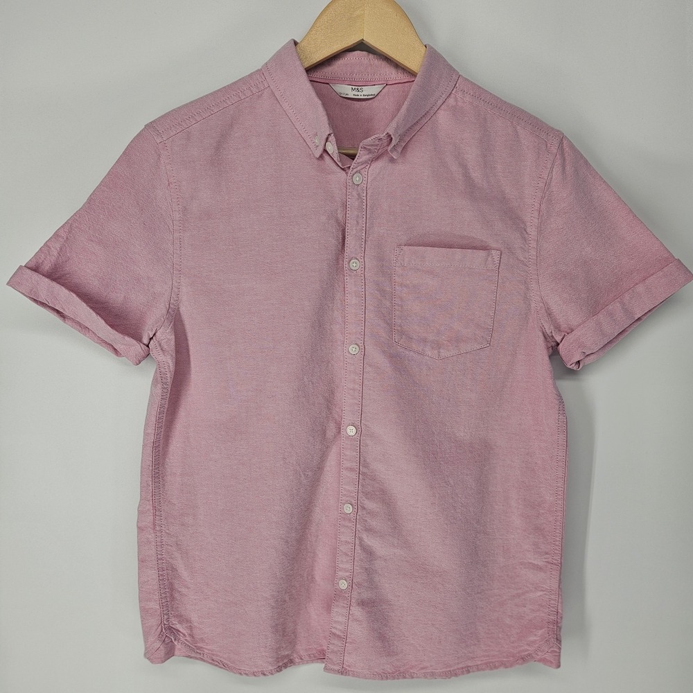 M&S Boys Pink Short Sleeve Button Up Shirt Oxford Sz 12-13‎ Easter